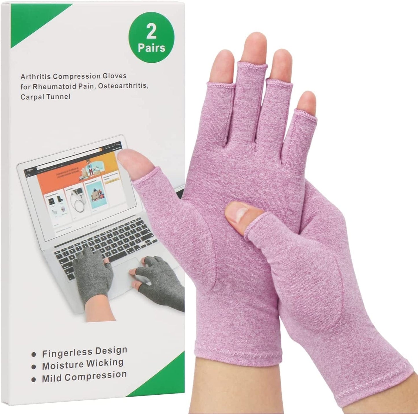 2-Pair Arthritis Compression Gloves for Alleviate Rheumatoid Osteoarthritis, Carpal Tunnel Raynauds Disease, Ease Muscle Tensi on Fingerless, Breathable & Moisture, Women and Men (Black, Medium)