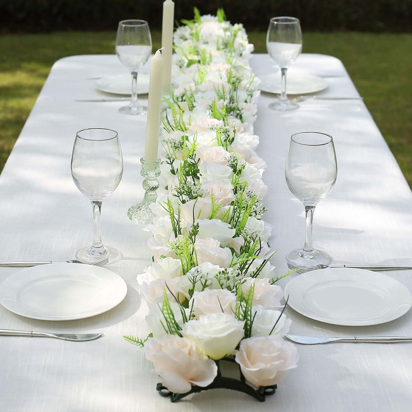 6 Pack Cream Ivory Silk Rose Flower Panel Table Runner, Artificial Floral Arrangements Dining Table Decor - 20"x8"
