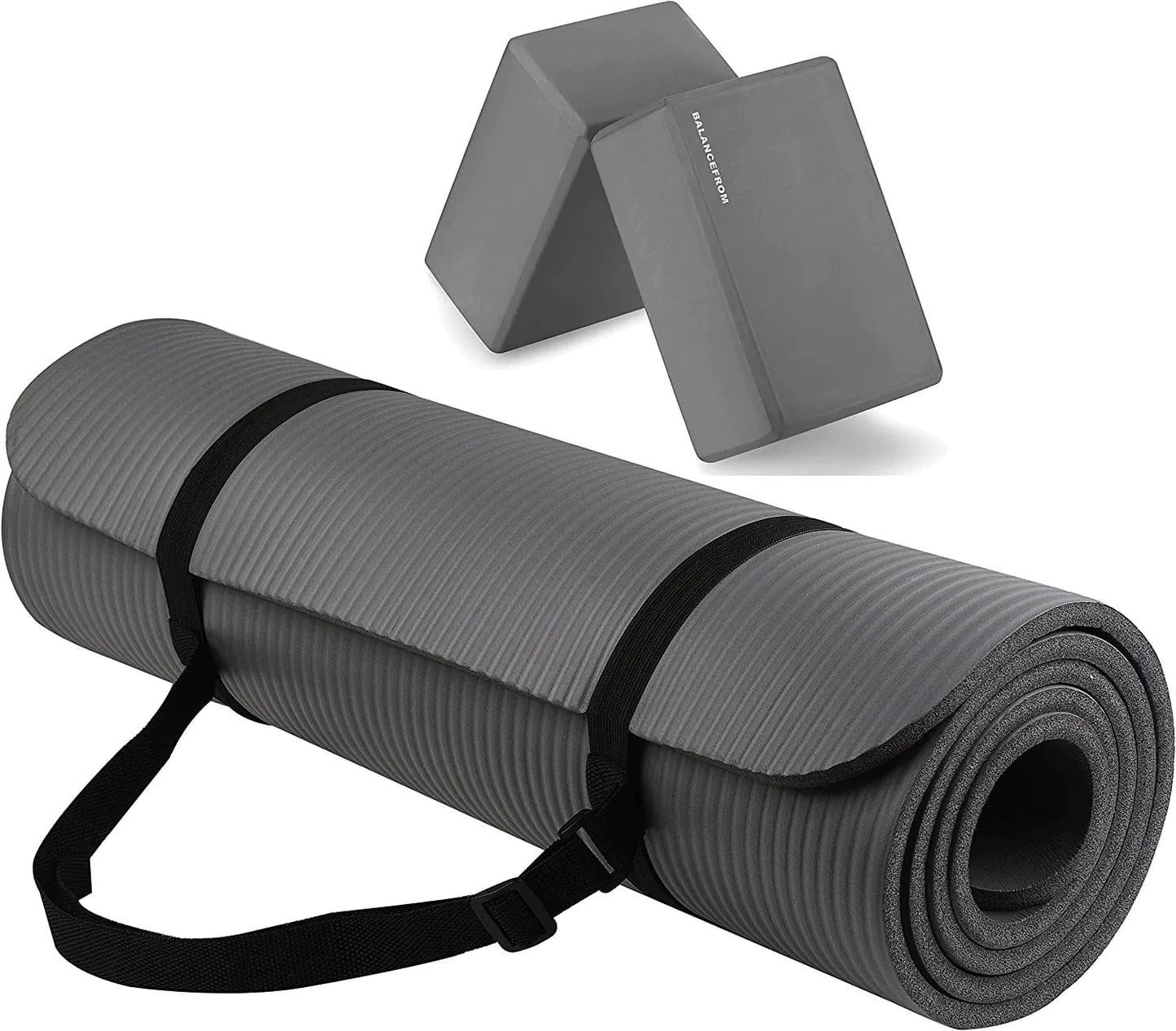 Balancefrom All Purpose 1/2-Inch Extra Thick High Density Anti-Tear Exercise Yoga Mat with Carrying Strap and Yoga Blocks