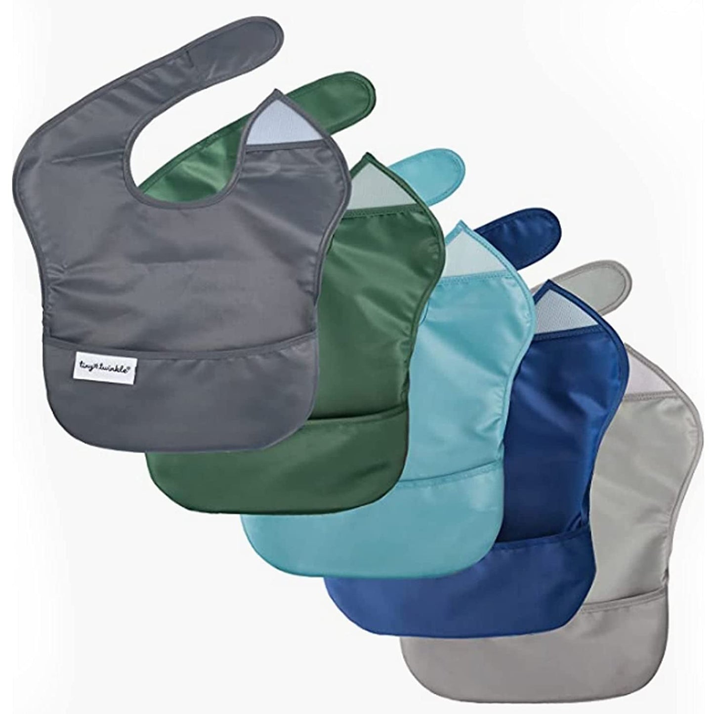 Tiny Twinkle Mess-Proof Baby Bib - Waterproof Bib for Baby Boy or Girl - Machine Washable - Adjustable Closure - PVC, BPA, & Phthalate Free - Great for Travel - Baby Food Bibs (3 Pack, Slate Olive)