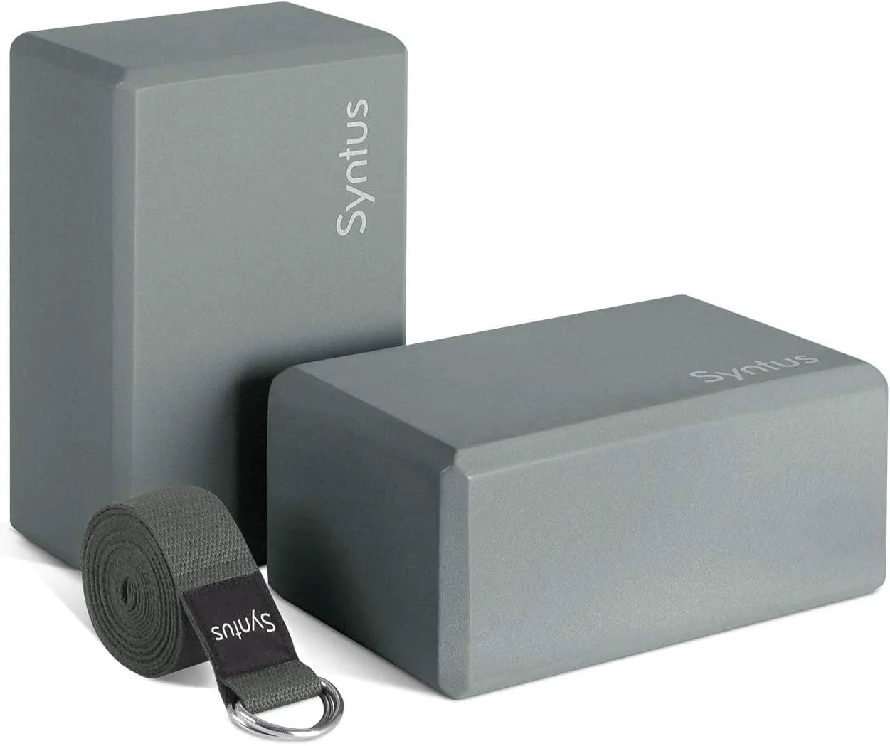 Syntus Yoga Block and Yoga Strap Set, 2 EVA Foam Soft Non-Slip Yoga Blocks 9×6×4 Inches, 8FT Metal D-Ring Strap for Yoga, General Fitness, Pilates, Stretching and Toning Workouts