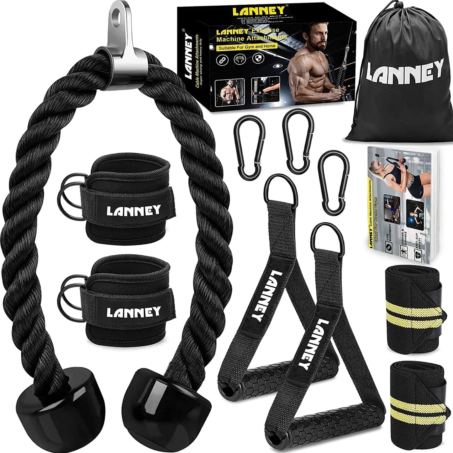 Tricep Rope Cable Machine Attachment, 35" Triceps Pull down Rope LAT Pulldown Attachments, Home Gym Accessories Set with Resistance Bands Handle, Ankle Straps, Carabiner, Wrist Wraps for Exercise