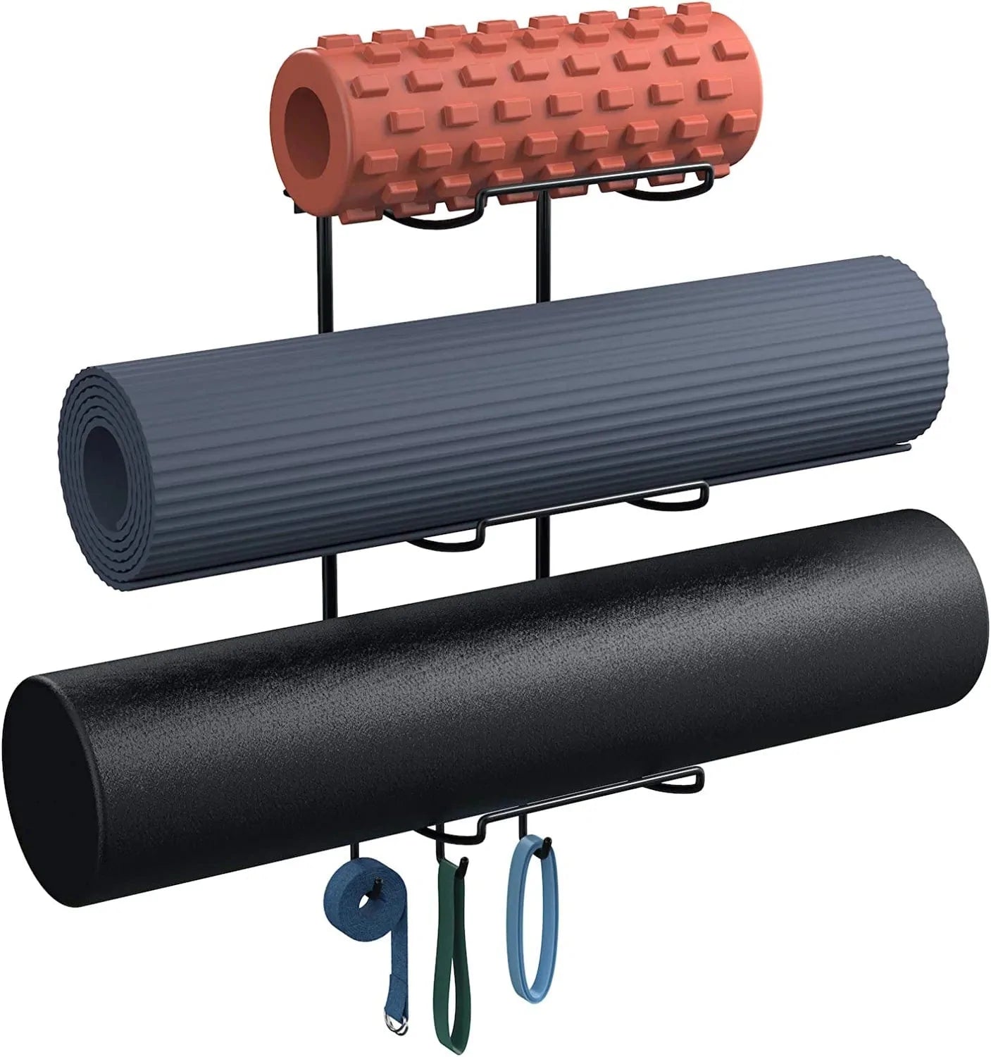 Yoga Mat Rack Wall Mount, Yoga Mat Holder Wall Mount, Yoga Mat Storage for Foam Roller and Yoga Brick, with 3 Hooks for Hanging Yoga Strap and Resistance Bands, Home Gym Decor, Gym Organization(Black)