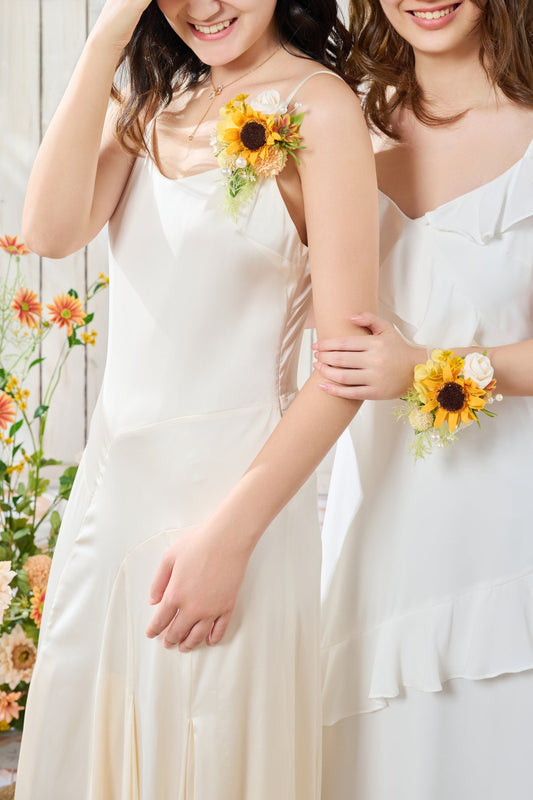 Wrist and Shoulder Corsages in Sunflower & Peach