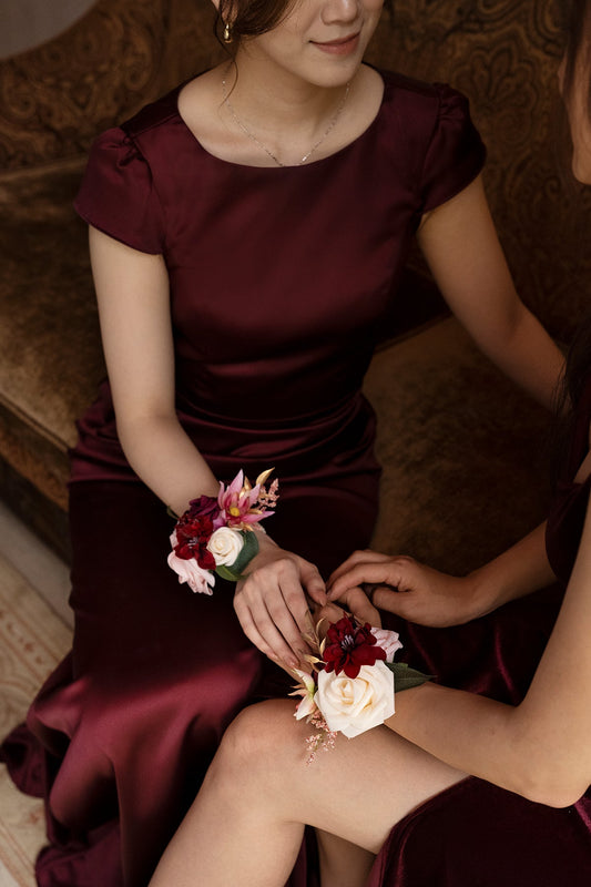 Wrist Corsages in Romantic Marsala