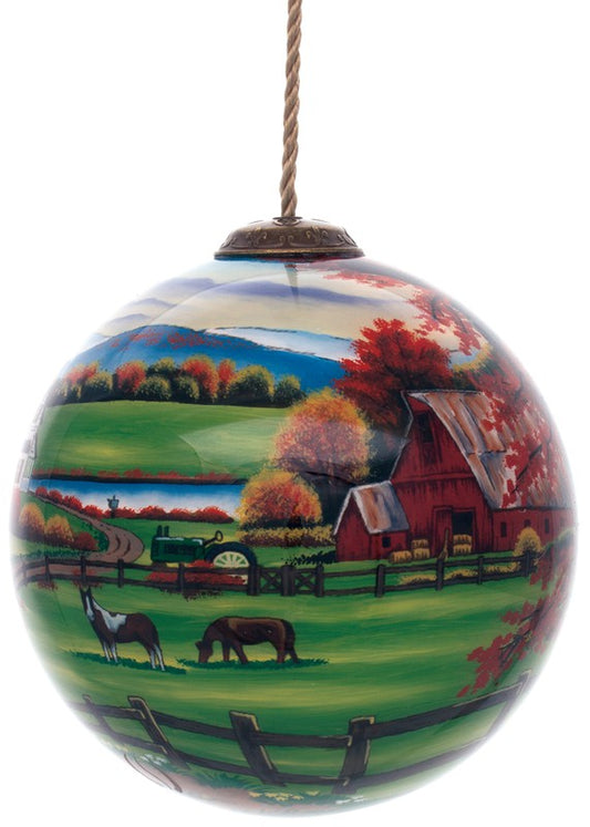 Autumn Farm Hand Painted Glass Hanging Ornament