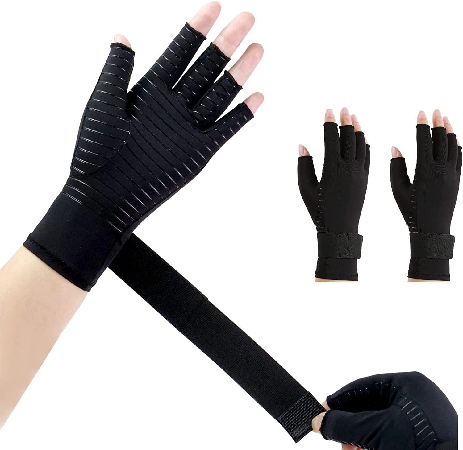 2 Pairs Copper Arthritis Compression Gloves with Strap,Fingerless Gloves for Women &Men Hand Wrist Support