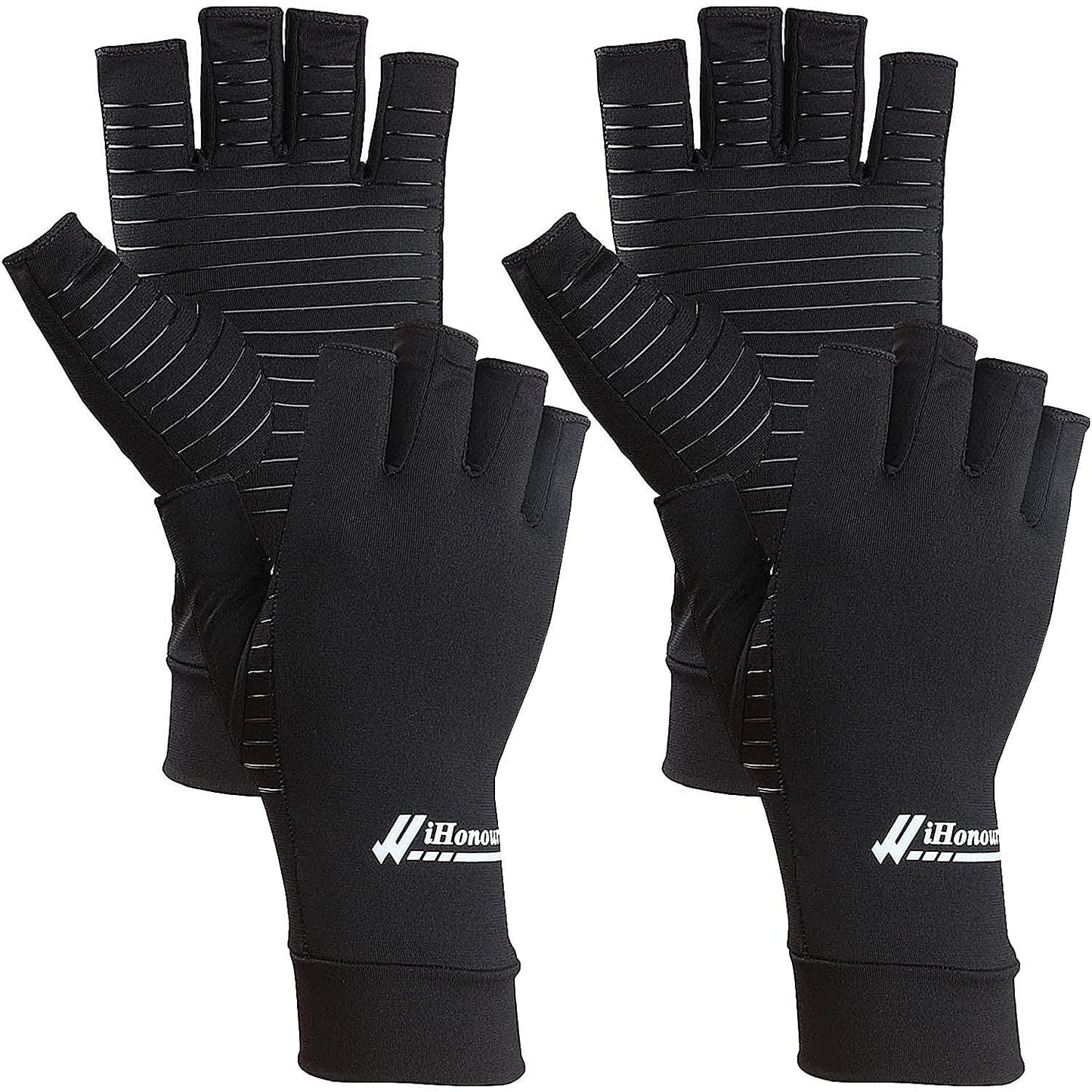 2 Pairs Copper Arthritis Gloves - Compression Gloves, Fingerless Copper Gloves for Typing & Daily Work - for Men&Women Black