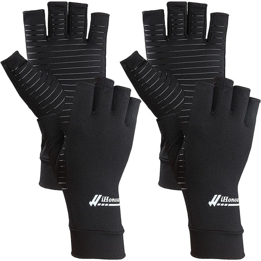 2 Pairs Copper Arthritis Gloves - Compression Gloves, Fingerless Copper Gloves for Typing & Daily Work - for Men&Women Black