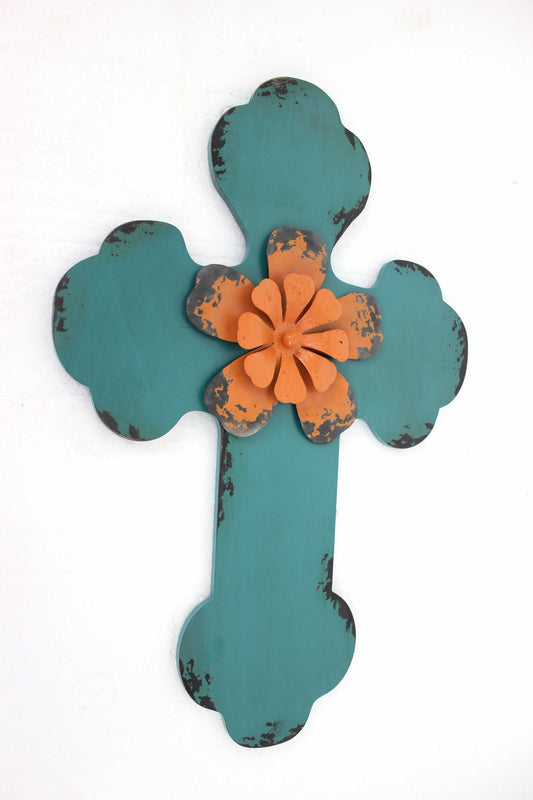 24" X 16" X 1" Blue Rustic Cross Wooden - Wall Decor