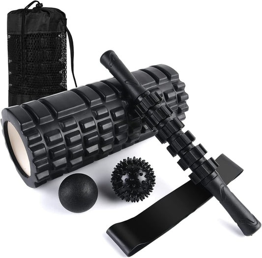 6 In1 Foam Roller Set, Trigger Point Foam Roller, Yoga Stick, Massage Ball, Fixation Ball, Fitness Stretching Strap, Carrying Bag, Towel, Massage Roller for Deep Muscle Massage Pilates Yoga