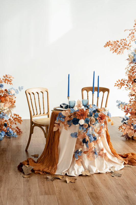 Sweetheart Table Floral Swags in Russet Orange & Denim Blue