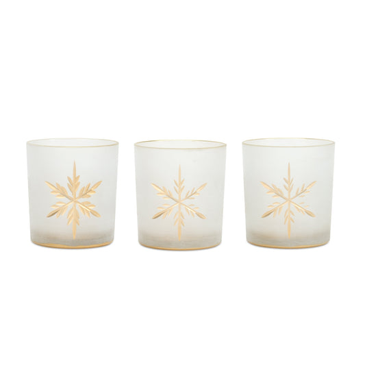 White Frosted Glass Snowflake Votive Candle Holder (Set of 3)