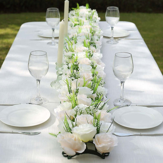 6 Pack Cream Ivory Silk Rose Flower Panel Table Runner, Artificial Floral Arrangements Dining Table Decor - 20"x8"