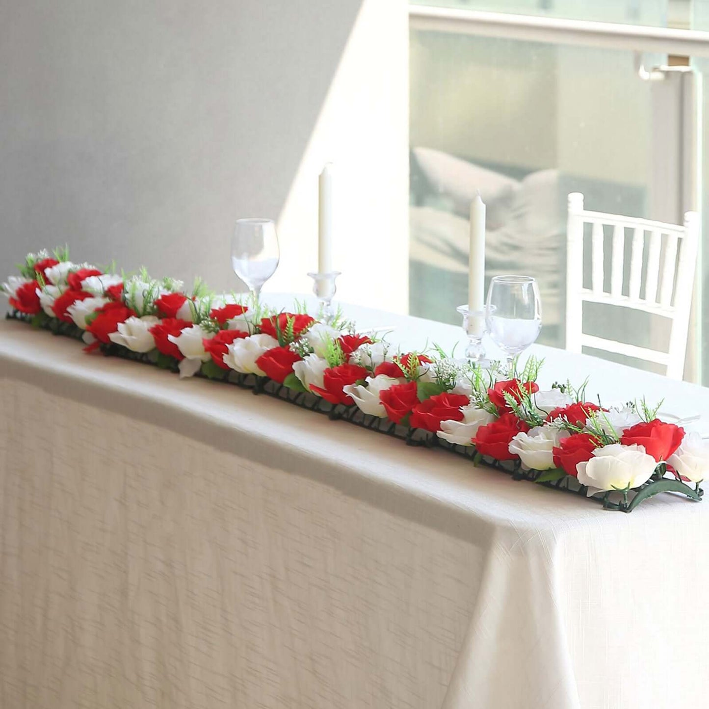 6 Pack Red Ivory Silk Rose Flower Panel Table Runner, Artificial Floral Arrangements Dining Table Decor - 20"x8"