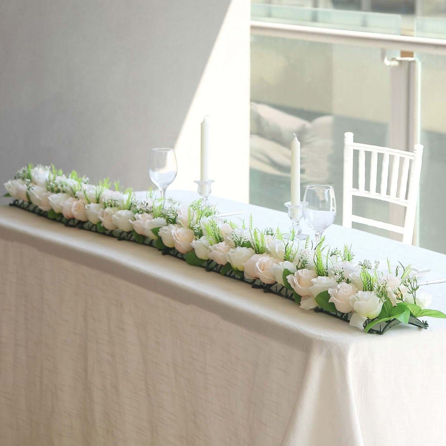 6 Pack Cream Ivory Silk Rose Flower Panel Table Runner, Artificial Floral Arrangements Dining Table Decor - 20"x8"