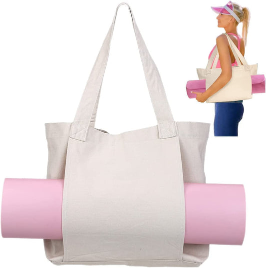 Yoga Mat Bag, Large Yoga Canvas Tote Carrier Shoulder Bag, Yoga Mat Carrier Pocket Carryall Bag, Multi-Functional Workout Accessories Storage Bags Yoga Mat Holder for Women, Office, Travel, Beach, Gym