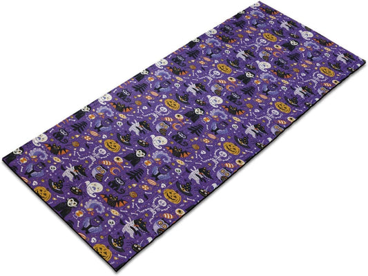 Ambesonne Halloween Yoga Mat Towel, Cartoon Design Horror Symbols of Vampire Ghost Skeleton and Candies, Non-Slip Sweat Absorbent Yoga Pilates Workout Pad Cover, 25" X 70", Blue Violet and Orange