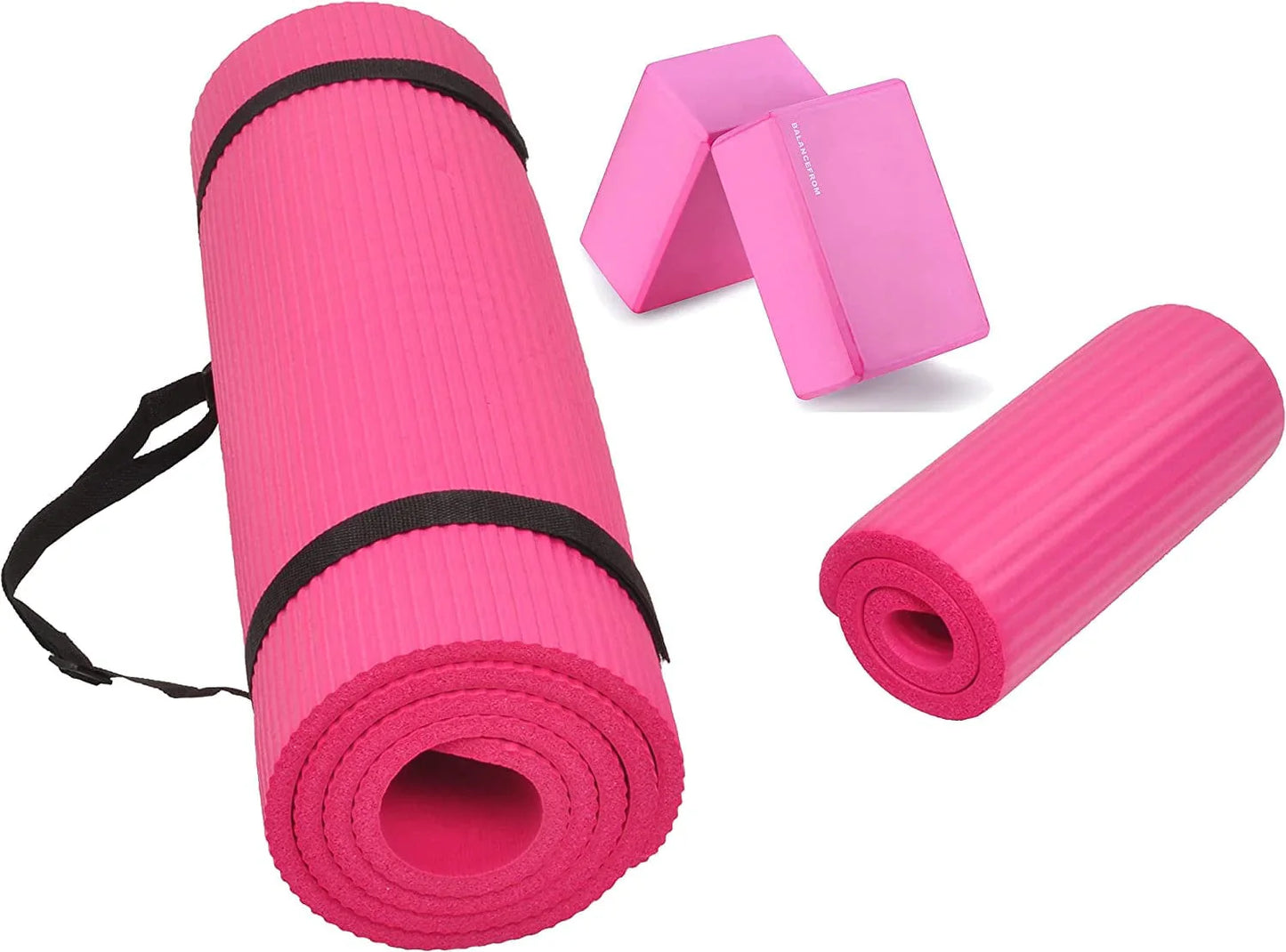 Balancefrom All Purpose 1/2-Inch Extra Thick High Density Anti-Tear Exercise Yoga Mat and Knee Pad with Carrying Strap and Yoga Blocks