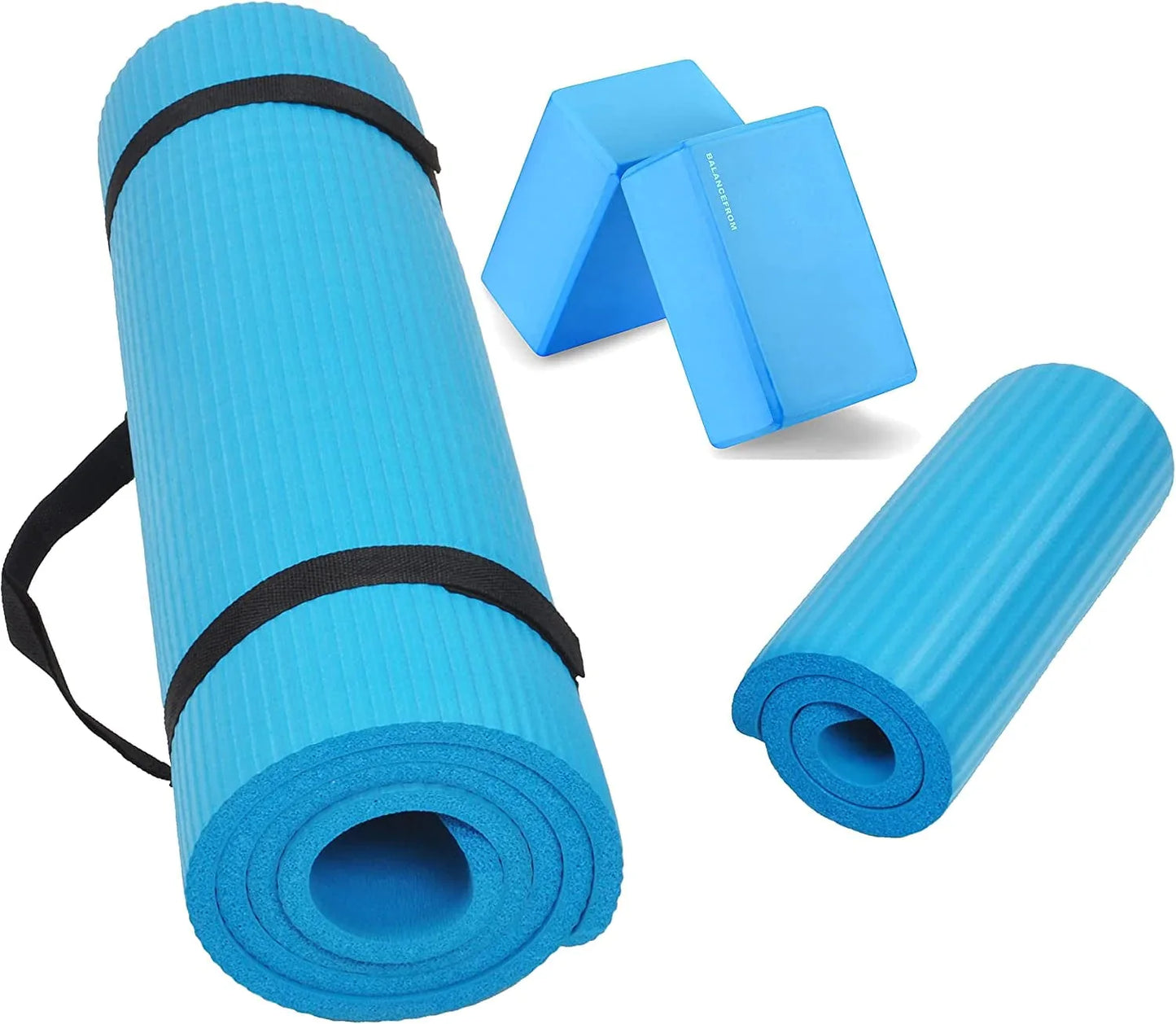 Balancefrom All Purpose 1/2-Inch Extra Thick High Density Anti-Tear Exercise Yoga Mat and Knee Pad with Carrying Strap and Yoga Blocks