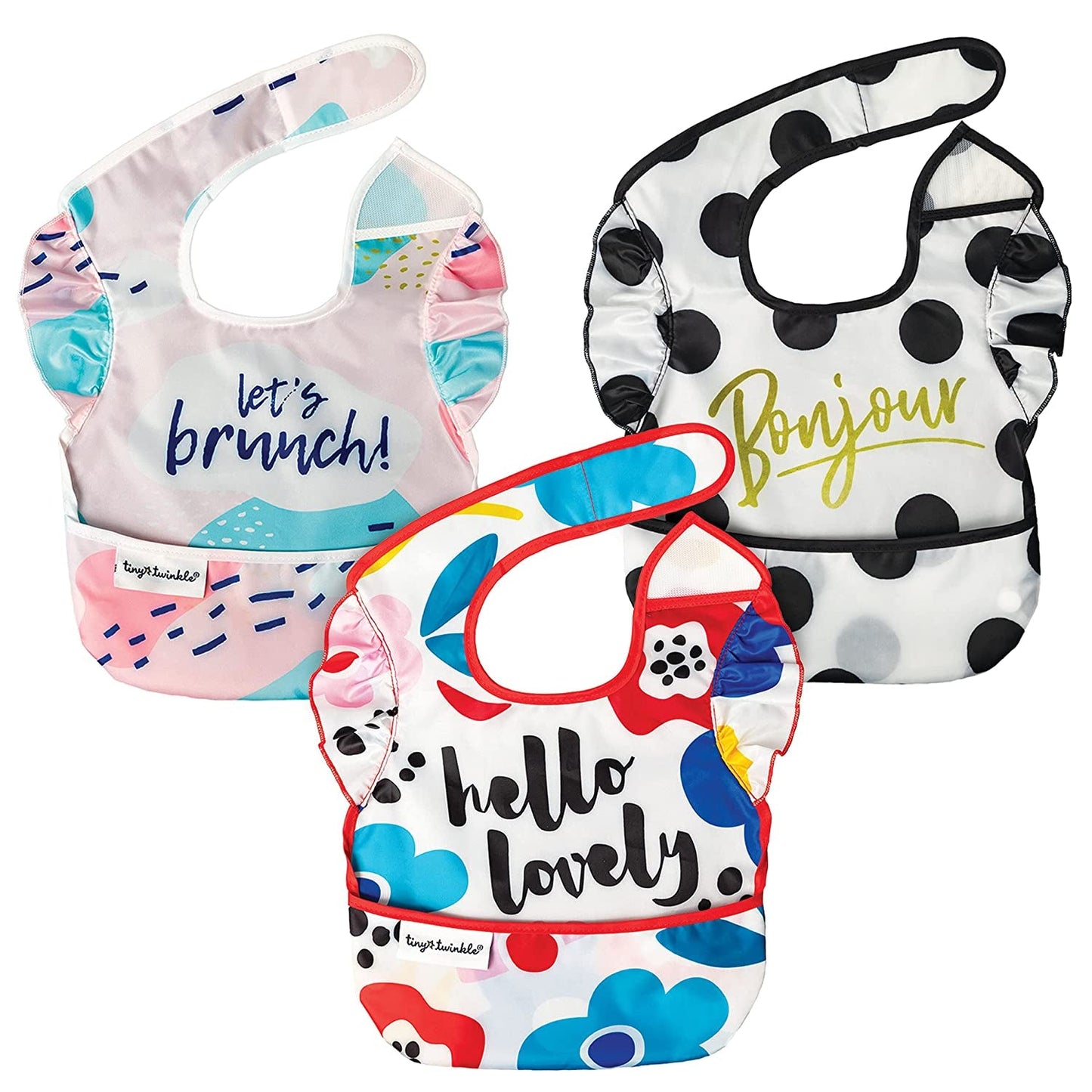 Tiny Twinkle Mess-Proof Baby Bib - Waterproof Bib for Baby Boy or Girl - Machine Washable - Adjustable Closure - PVC, BPA, & Phthalate Free - Great for Travel - Baby Food Bibs (3 Pack, Slate Olive)