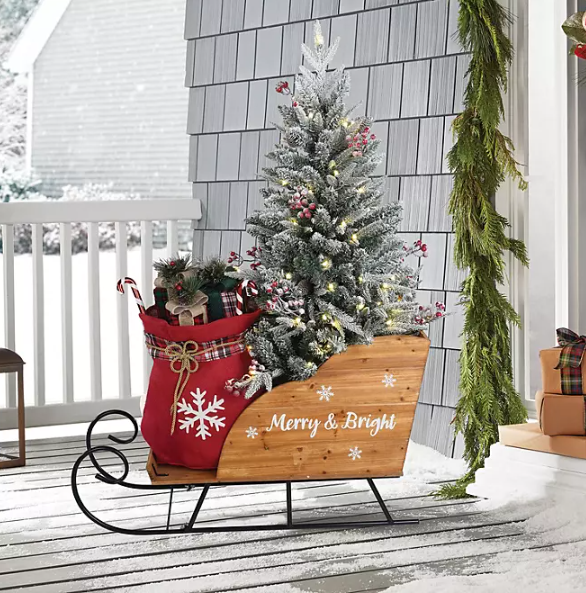 46" Pre-Lit Flocked Topiary Sleigh