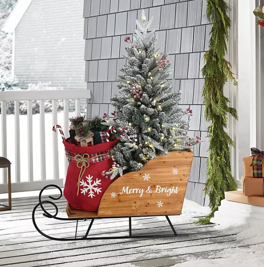 46" Pre-Lit Flocked Topiary Sleigh