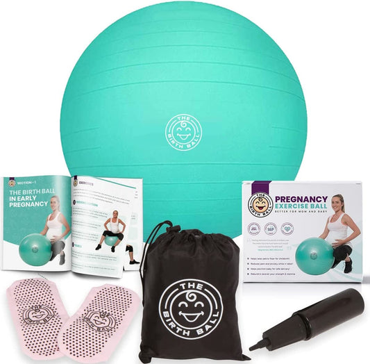 The Birth Ball - Birthing Ball for Pregnancy & Labor - 18 Page Pregnancy Ball Exercises Guide by Trimester - Non Slip Socks - How to Dilate, Induce, & Reposition Baby for Mom