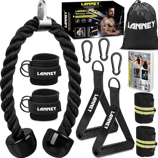 Tricep Rope Cable Machine Attachment, 35" Triceps Pull down Rope LAT Pulldown Attachments, Home Gym Accessories Set with Resistance Bands Handle, Ankle Straps, Carabiner, Wrist Wraps for Exercise