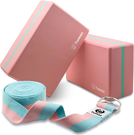 Tumaz Yoga Blocks 2 Pack with Strap Set, High Density/Lightweight EVA Foam Yoga Blocks or Non-Slip Solid Natural Cork Yoga Blocks Set & Premium Yoga Brick for All Yogi [E-Book Included]