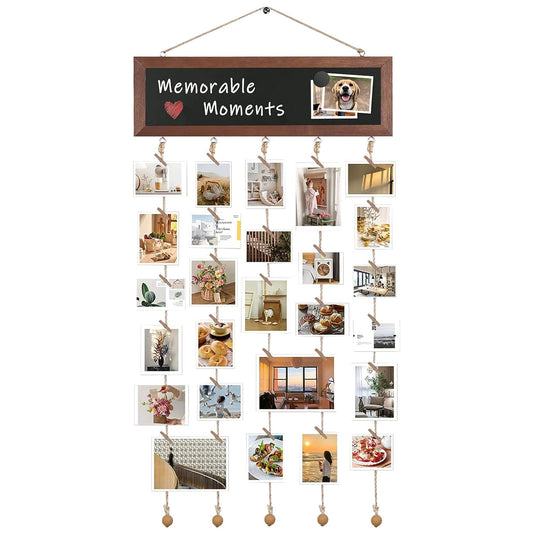 Wooden Hanging Picture Frame Display String Ropes with 30 Clips Writable Blackboard