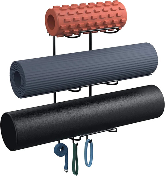 Yoga Mat Rack Wall Mount, Yoga Mat Holder Wall Mount, Yoga Mat Storage for Foam Roller and Yoga Brick, with 3 Hooks for Hanging Yoga Strap and Resistance Bands, Home Gym Decor, Gym Organization(Black)