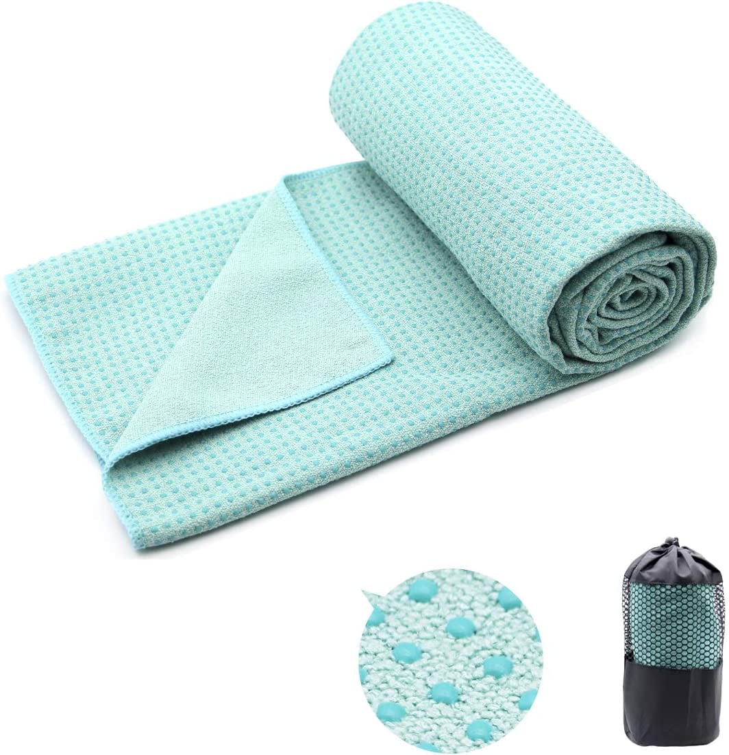 Yoga Towel,Hot Yoga Mat Towel - Sweat Absorbent Non-Slip for Hot Yoga, Pilates and Workout 24" X72(Grip Dots,Blue)