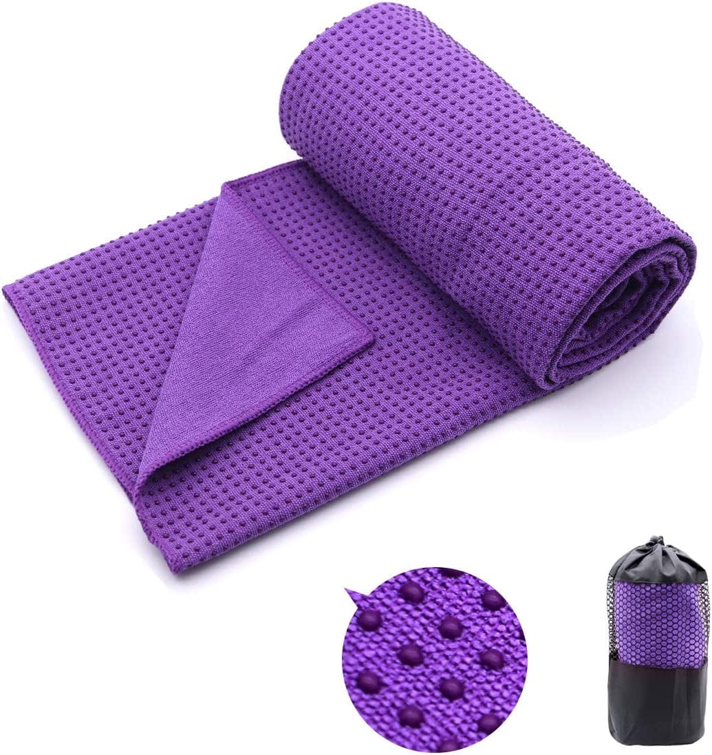Yoga Towel,Hot Yoga Mat Towel - Sweat Absorbent Non-Slip for Hot Yoga, Pilates and Workout 24" X72(Grip Dots,Blue)