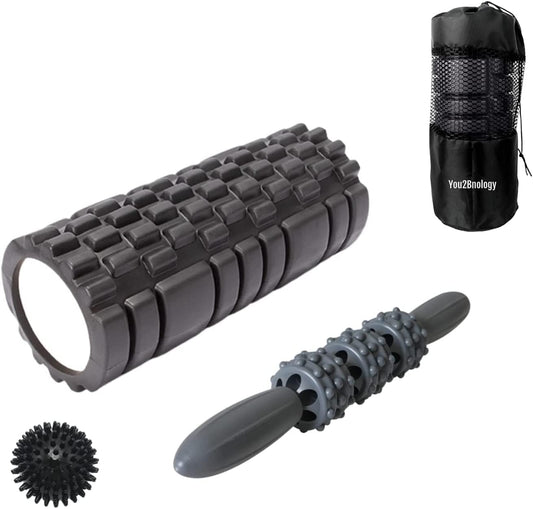 You2Bnology 4-In-1 Foam Roller Kit for Deep Tissue Massage, 33Cm Muscle Roller Stick and Massage Ball for Physical Therapy Pain Relief Myofascial Release Balance Exercise (Black)